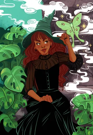Woman in witch hat with glowing butterfly and large green leaves