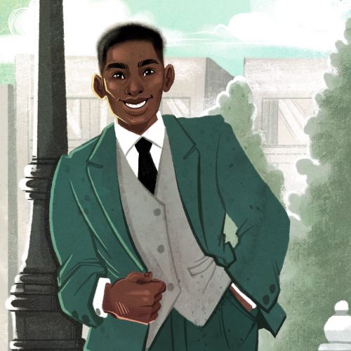 Smiling young man wearing green suit and tie outdoors by lamppost