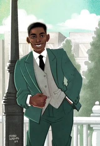 Smiling young man wearing green suit and tie outdoors by lamppost