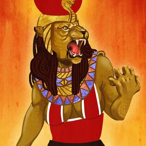 Sekmeth, lion-headed goddess wearing red dress with Egyptian symbols
