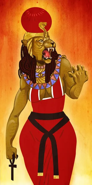 Sekmeth, lion-headed goddess wearing red dress with Egyptian symbols