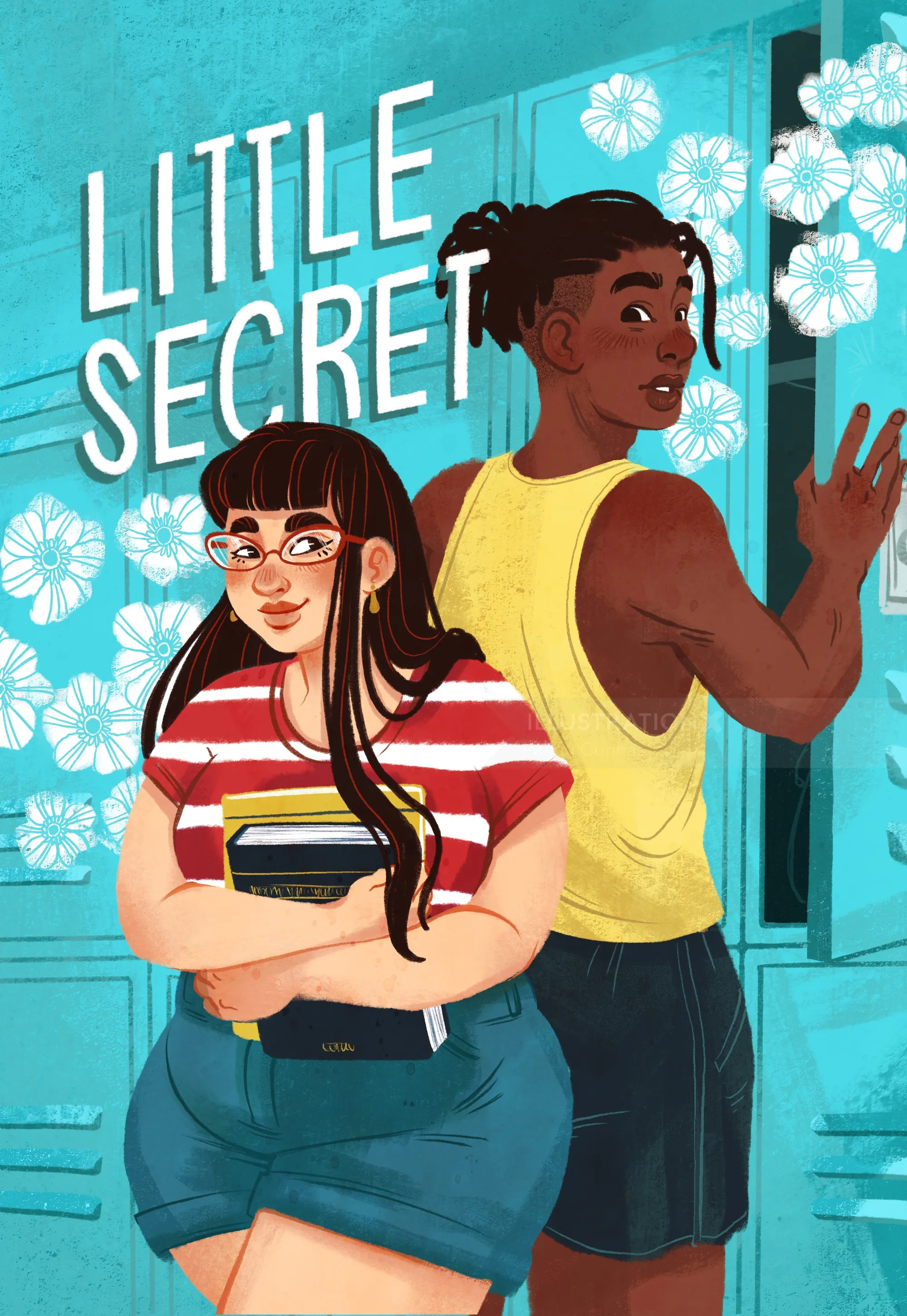 Girl and boy sharing a secret in a school hallway with lockers