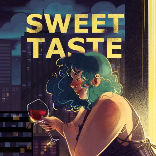 Woman with teal hair drinking wine by window overlooking city at night