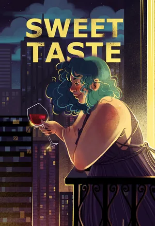 Woman with teal hair drinking wine by window overlooking city at night