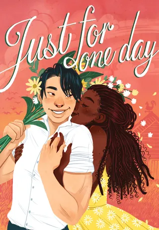 Couple sharing a tender moment with flowers on a warm background