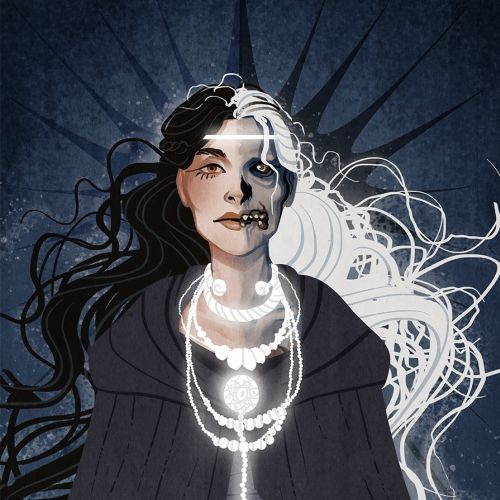 Dark-haired woman with glowing white hair and mystical necklace