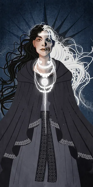 Dark-haired woman with glowing white hair and mystical necklace