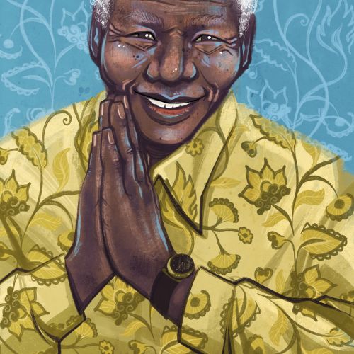 Portrait of Nelson Mandela smiling with hands together