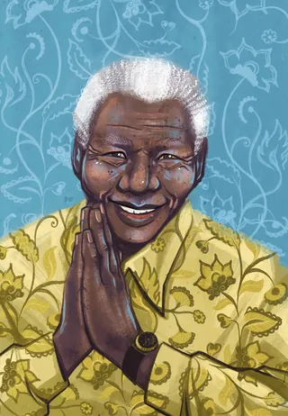 Portrait of Nelson Mandela smiling with hands together