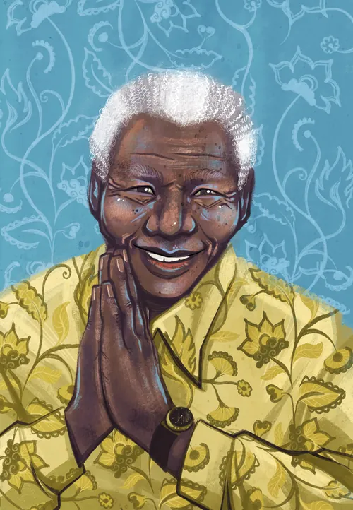 Portrait of Nelson Mandela smiling with hands together