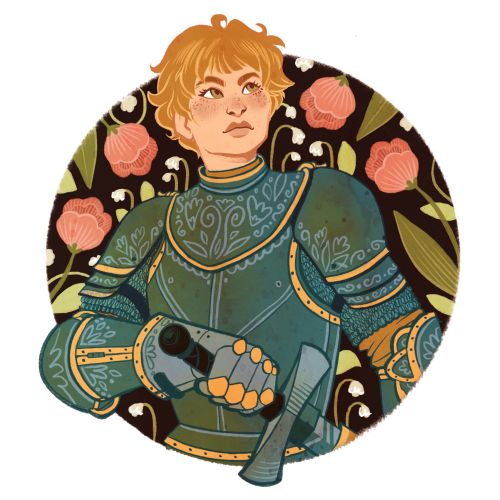 Young knight wearing decorative armor holding an axe