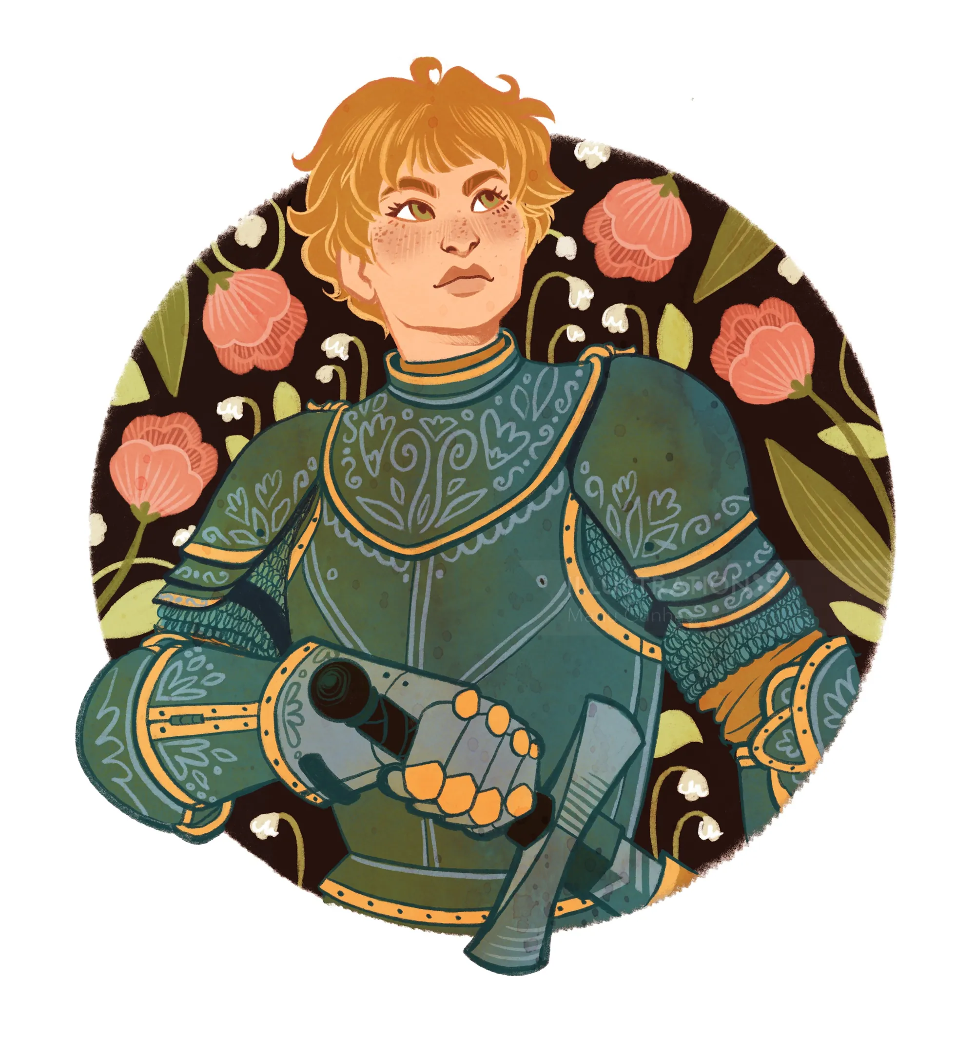 Young knight wearing decorative armor holding an axe