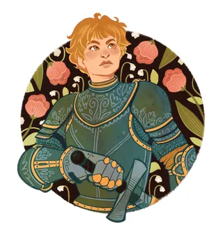 Young knight wearing decorative armor holding an axe