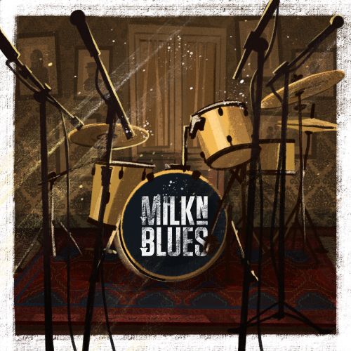 Drum set with Milk'n Blues logo on bass drum in vintage room