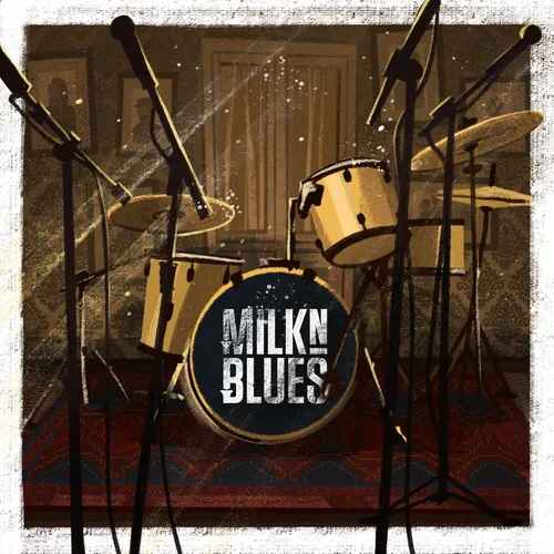 Drum set with Milk'n Blues logo on bass drum in vintage room