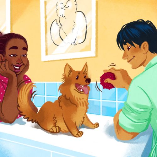 Dog being bathed by person while another watches happily