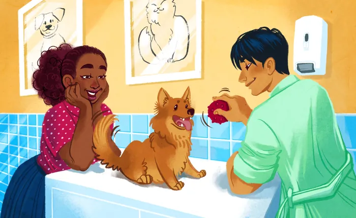 Dog being bathed by person while another watches happily