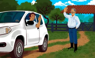 Man in white SUV waving goodbye to elderly man on rural farm path