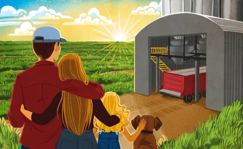Family and dog looking at sunrise near a barn and tractor on a farm.