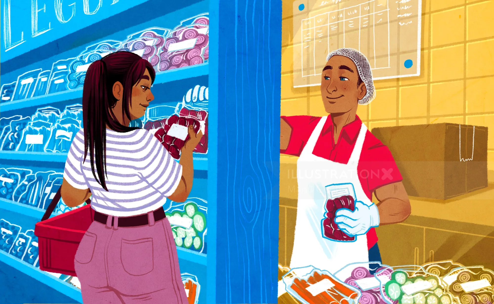Woman buying packaged meat from market vendor behind counter.