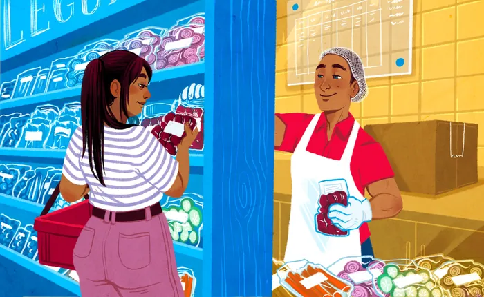 Woman buying packaged meat from market vendor behind counter.