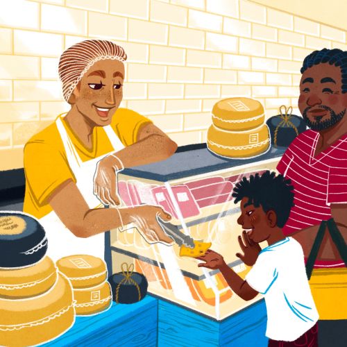 Child buying cheese from shopkeeper with adult standing beside in store