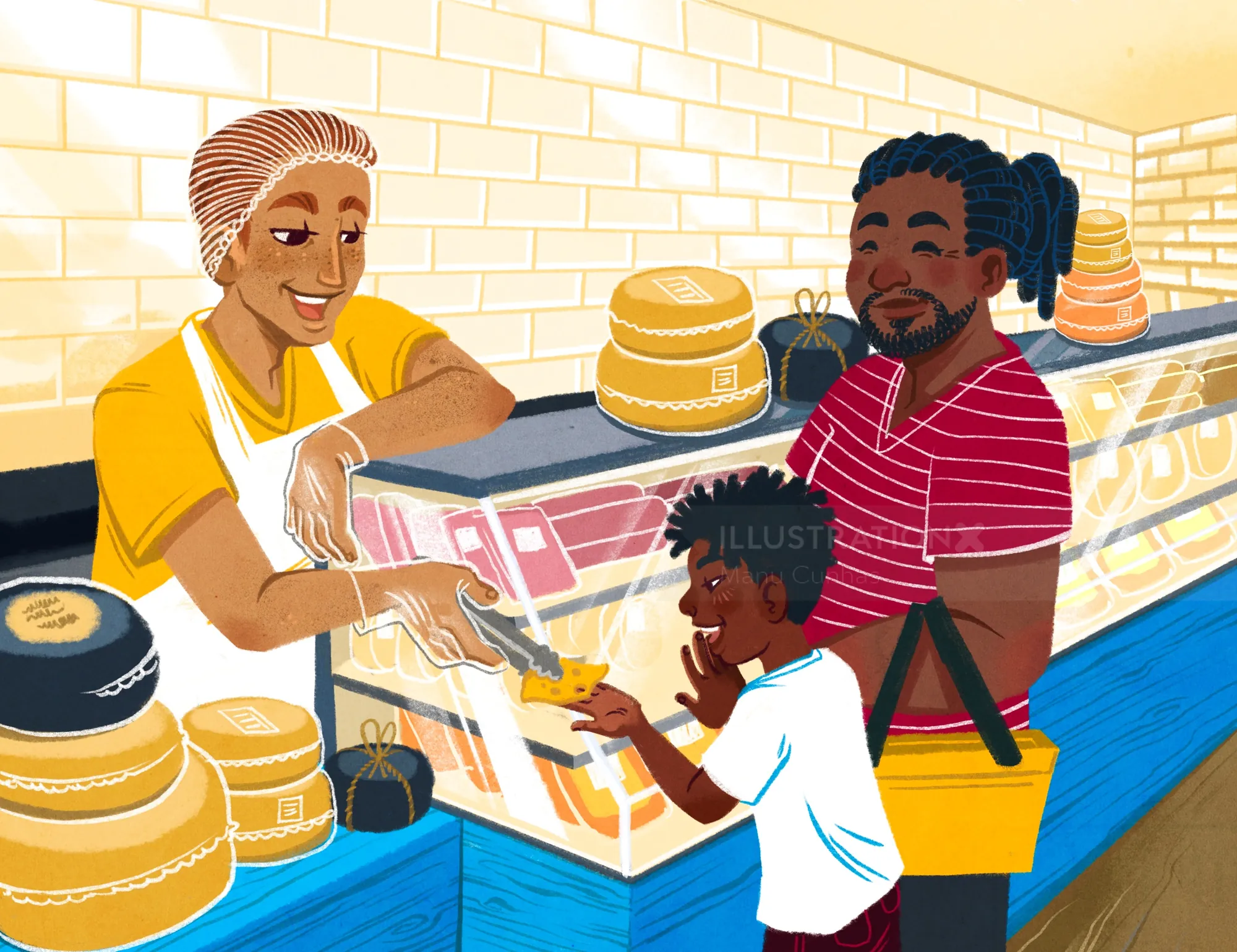Child buying cheese from shopkeeper with adult standing beside in store