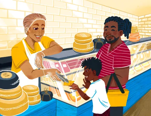 Child buying cheese from shopkeeper with adult standing beside in store