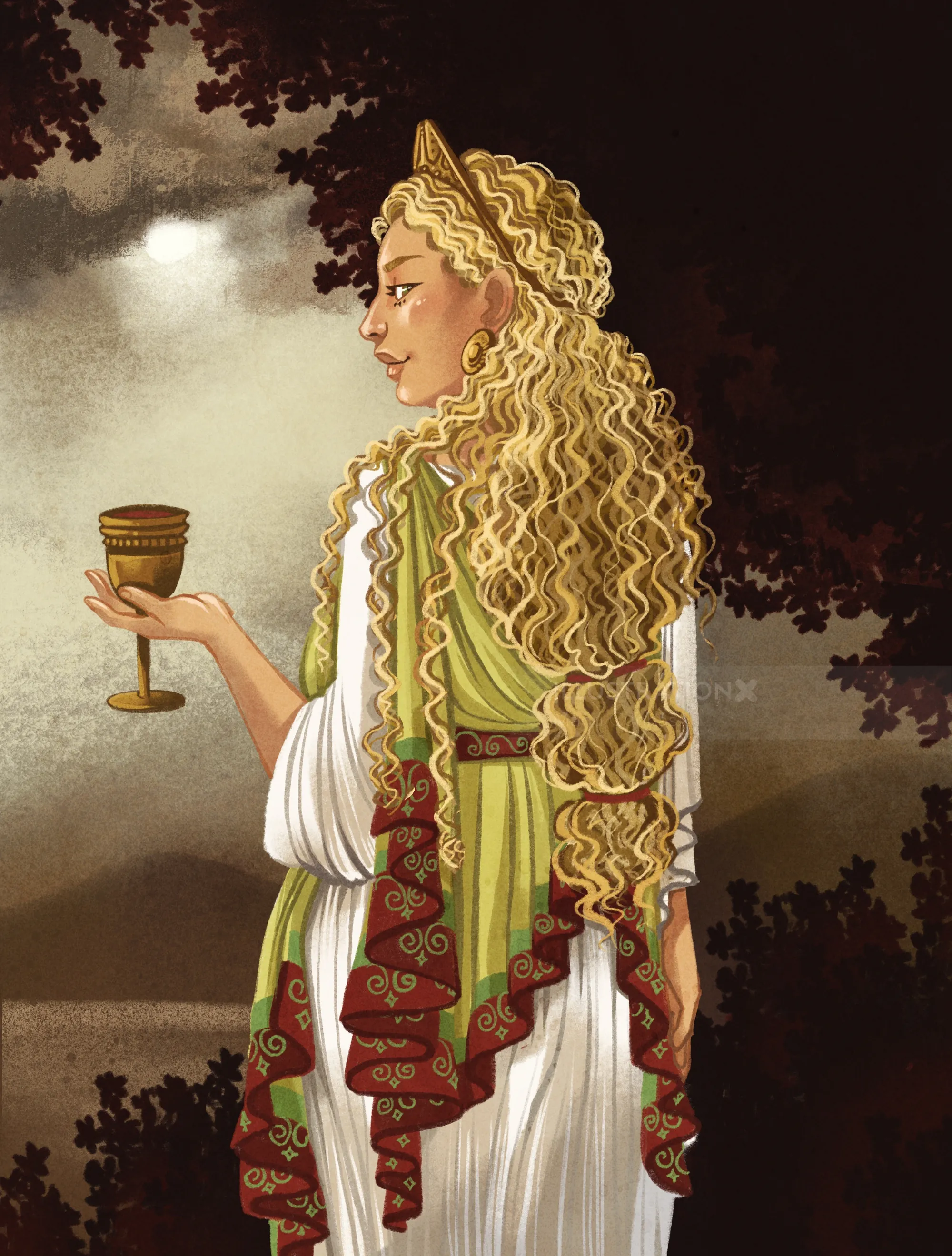 Helen of Troy holding a goblet with long curly hair, by Manu Cunhas
