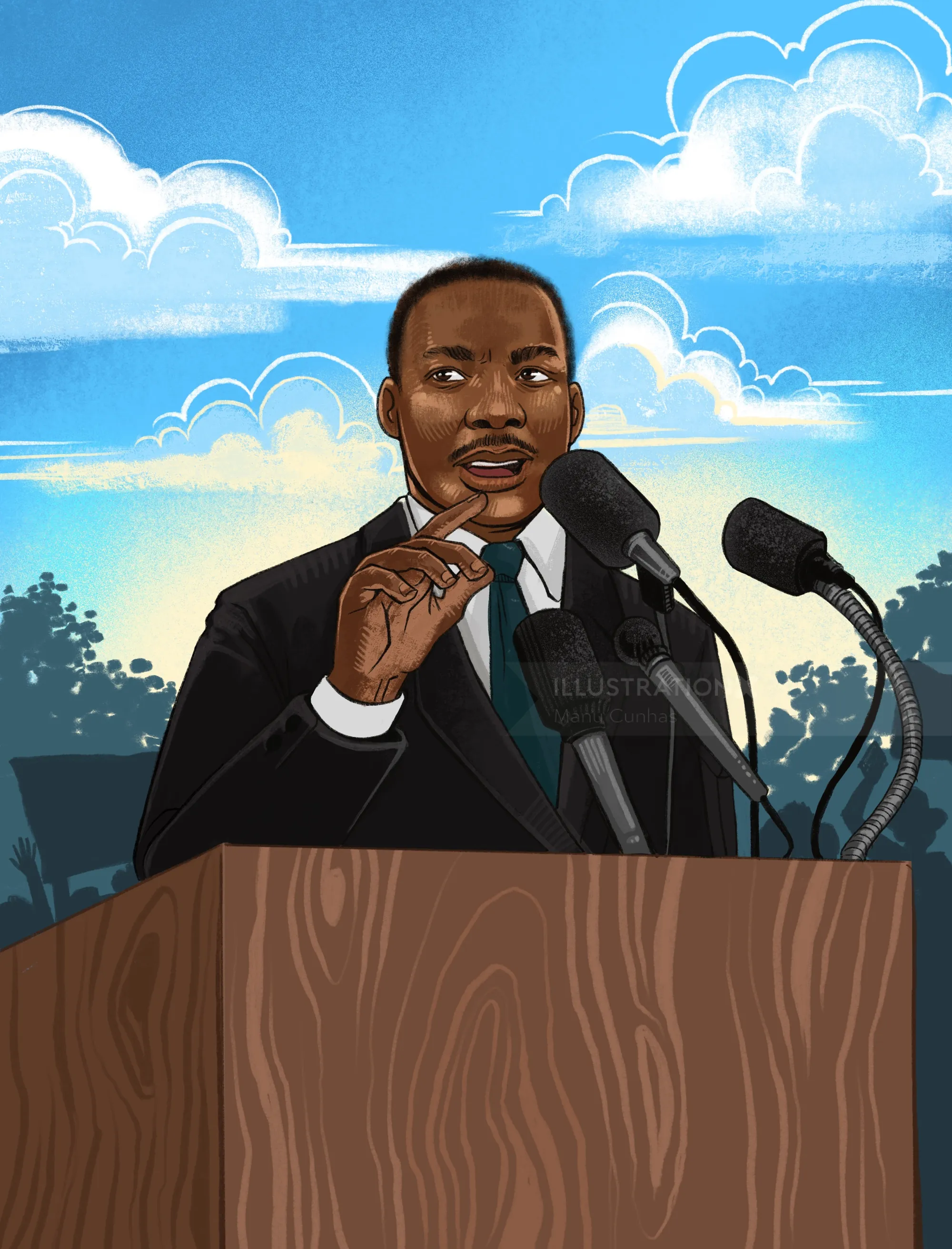 Illustration of Martin Luther King Jr. delivering speech, by Manu Cunhas