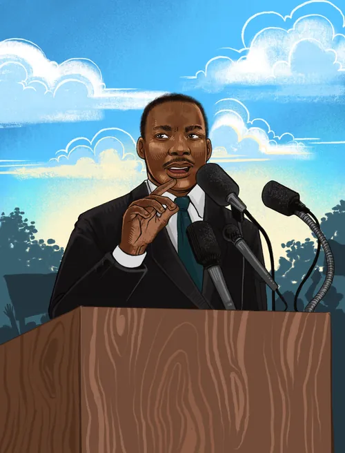 Illustration of Martin Luther King Jr. delivering speech, by Manu Cunhas