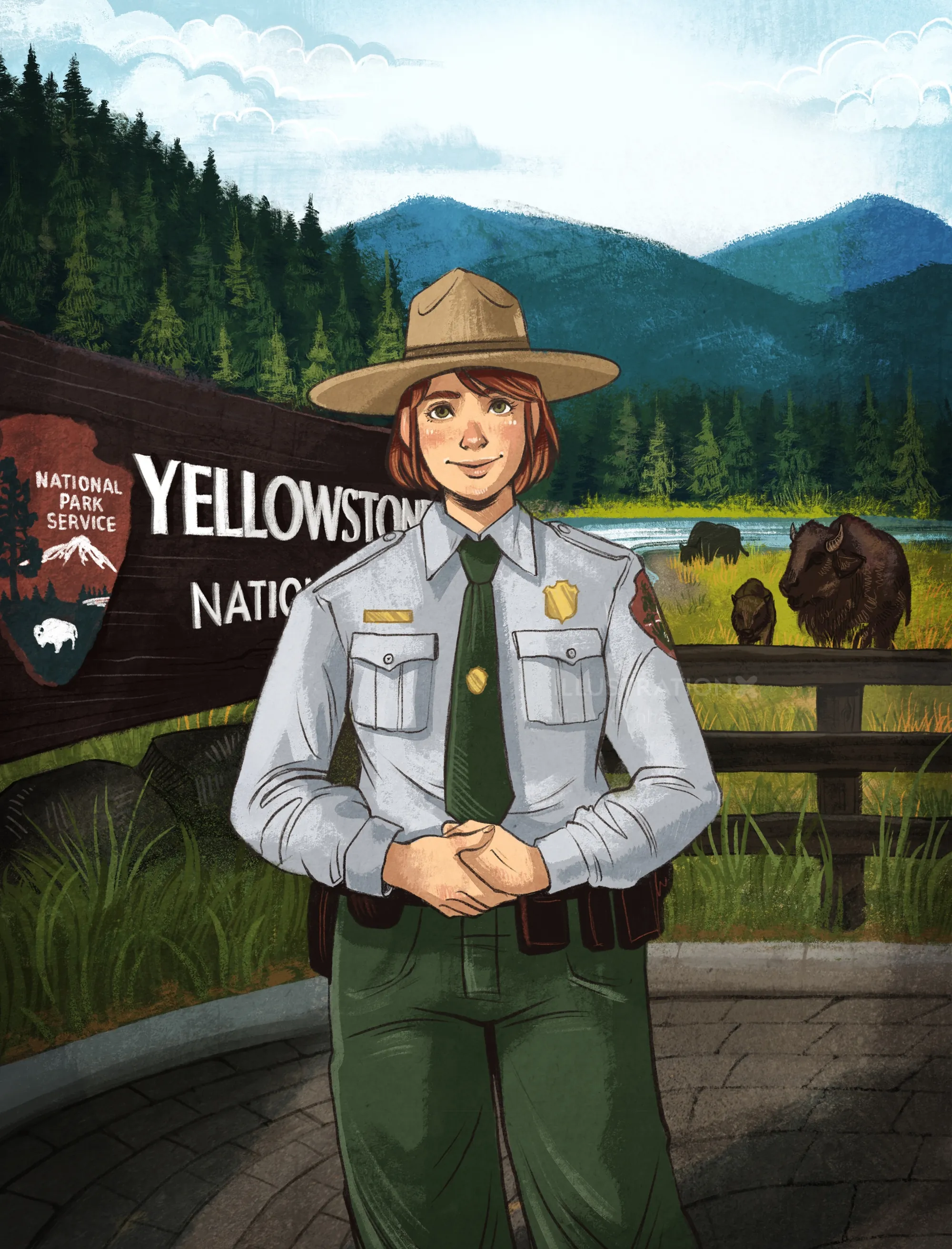 Yellowstone park ranger stands in front of park sign and bison - Manu Cunhas