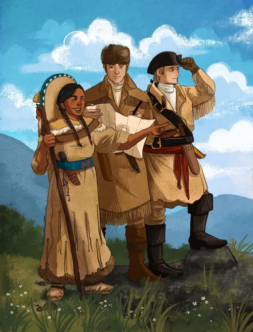 Three historical figures in frontier attire under blue sky by Manu Cunhas