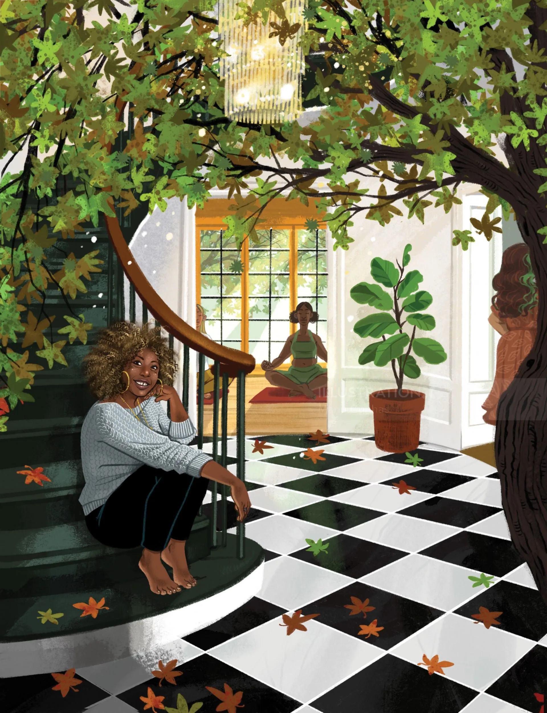 Woman sitting barefoot on stairs with autumn leaves indoors by Manu Cunhas
