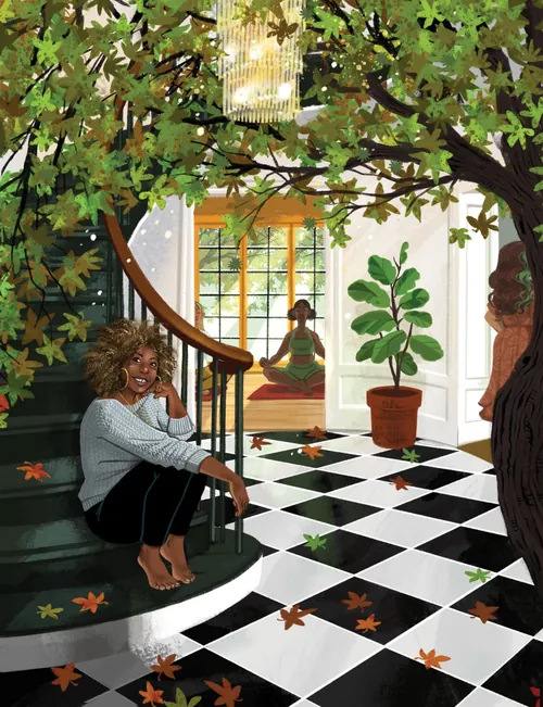 Woman sitting barefoot on stairs with autumn leaves indoors by Manu Cunhas