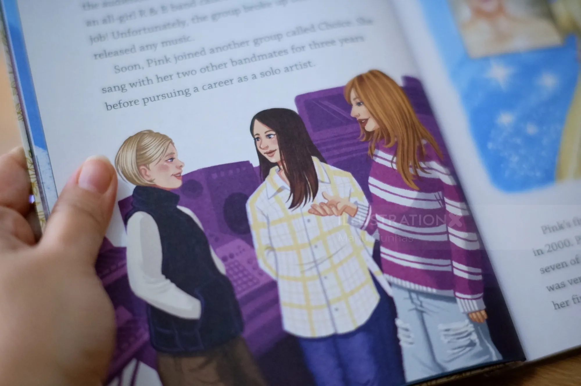 Illustration by Manu Cunhas of three young women beside a purple sofa