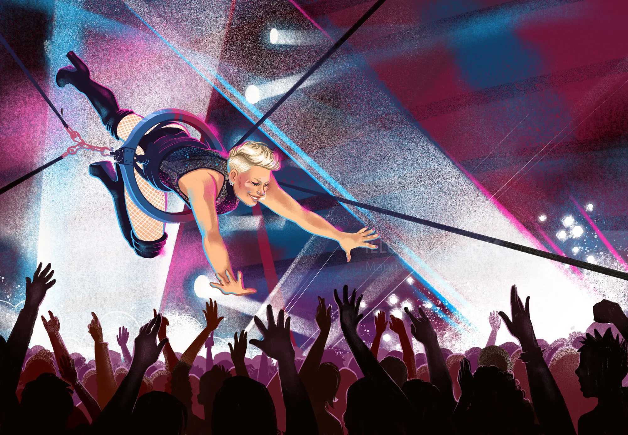 Manu Cunhas illustration of a suspended performer reaching over a concert crowd
