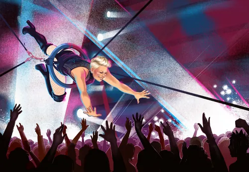 Manu Cunhas illustration of a suspended performer reaching over a concert crowd