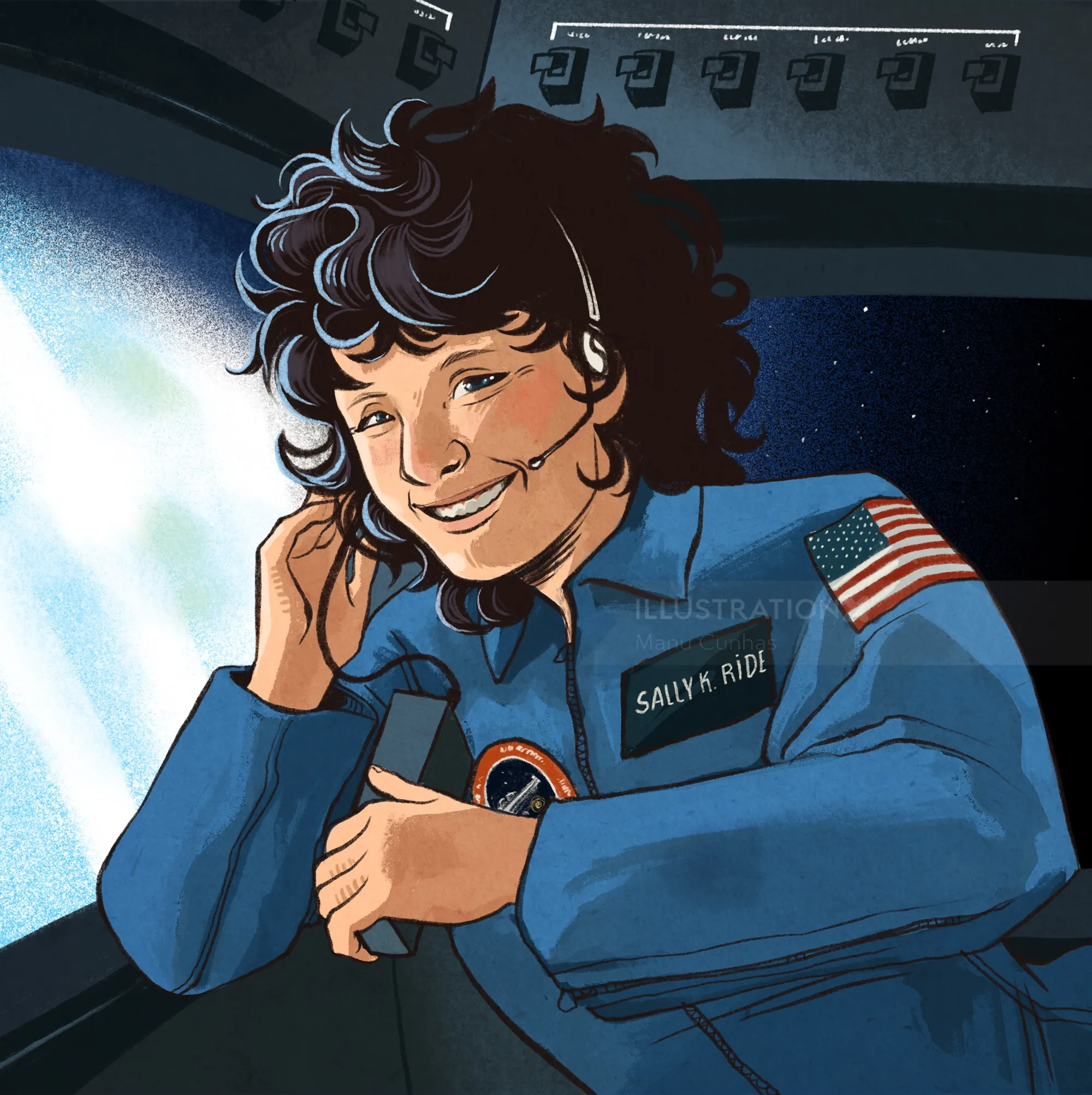 Manu Cunhas illustration of Sally Ride smiling in a blue flight suit