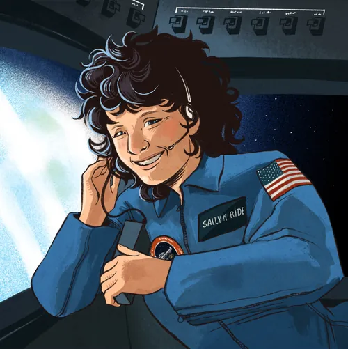 Manu Cunhas illustration of Sally Ride smiling in a blue flight suit