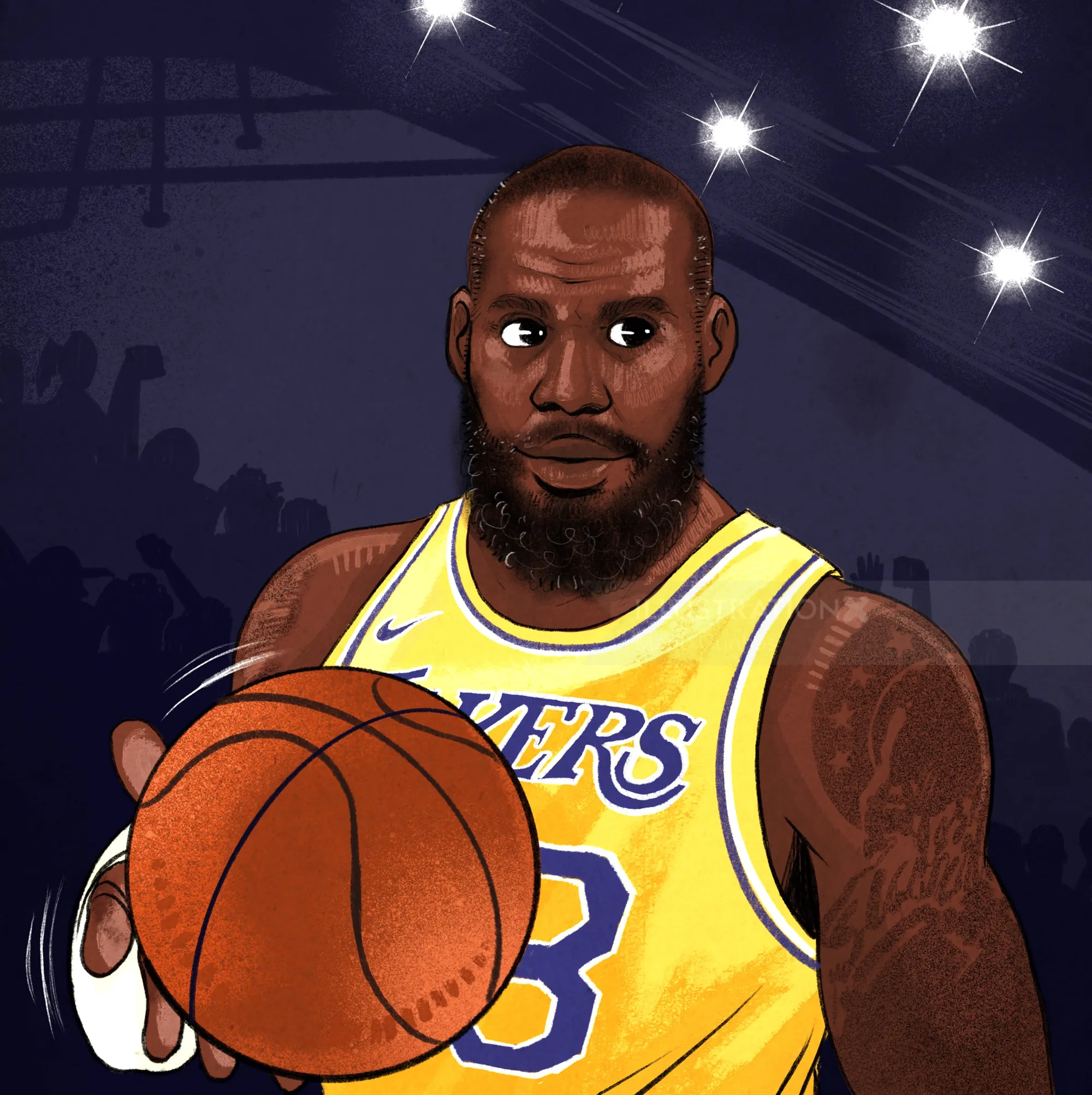 Illustration by Manu Cunhas of LeBron James holding a basketball in a Lakers jersey.