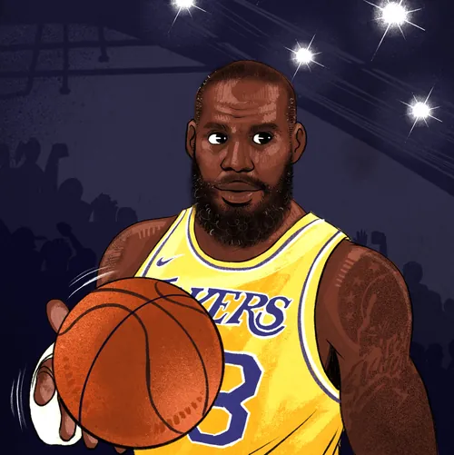 Illustration by Manu Cunhas of LeBron James holding a basketball in a Lakers jersey.