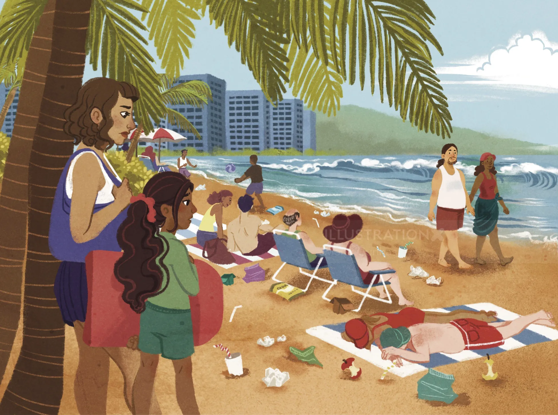 Manu Cunhas illustration of families enjoying a tropical beach beneath palm trees