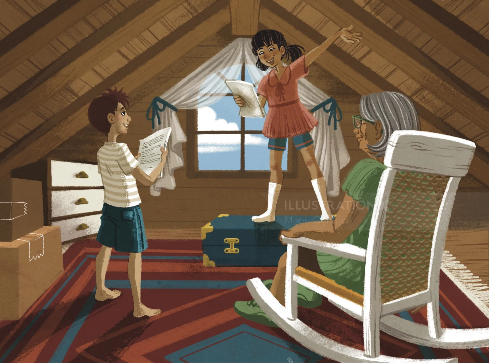Illustration by Manu Cunhas of two children exploring a sunlit attic
