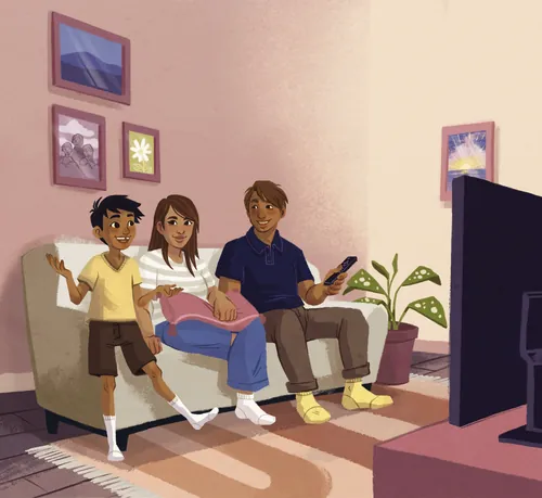 Manu Cunhas illustration of three people watching television in a cozy living room
