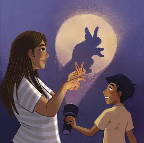Manu Cunhas illustration of children making a rabbit shadow puppet beneath a glowing moon