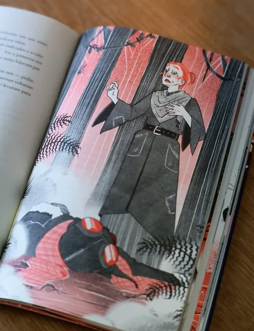 Illustration by Manu Cunhas showing a woman standing over a fallen figure in an open book.