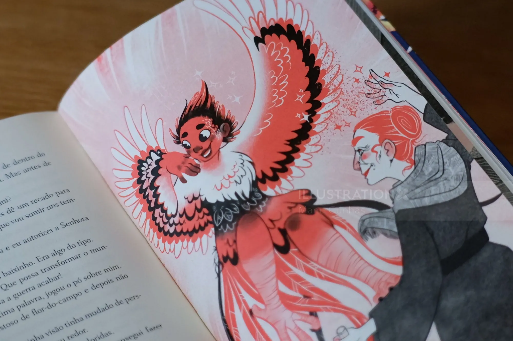 Manu Cunhas illustration of a red-winged girl beside a seated gray-haired man