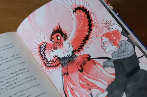 Manu Cunhas illustration of a red-winged girl beside a seated gray-haired man