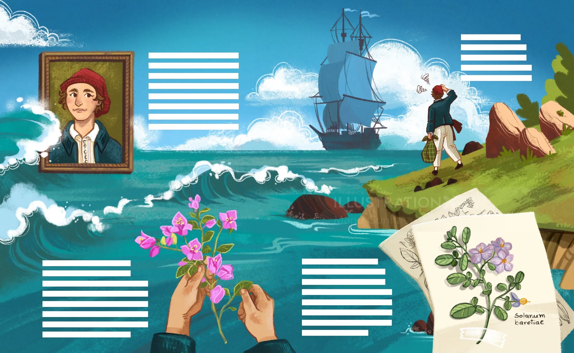 Illustration by Manu Cunhas showing explorers, a sailing ship, flowers, and botanical specimens by t